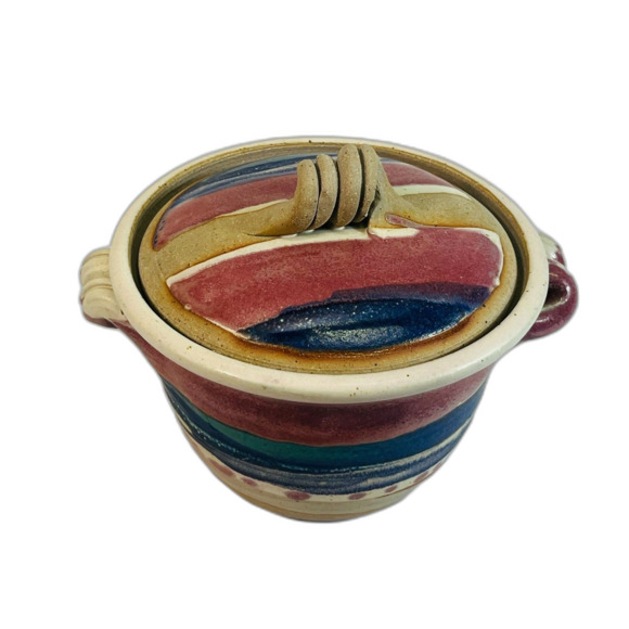 Studio Art Pottery Signed White Salmon Bowl w/ Lid Blue Pink Handle Dip Mixing - Picture 4 of 9